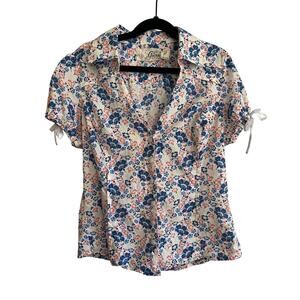 Y2K Guess Floral Button Up Cotton Blouse V Neck Collar Coquette Puff Sleeve | M
